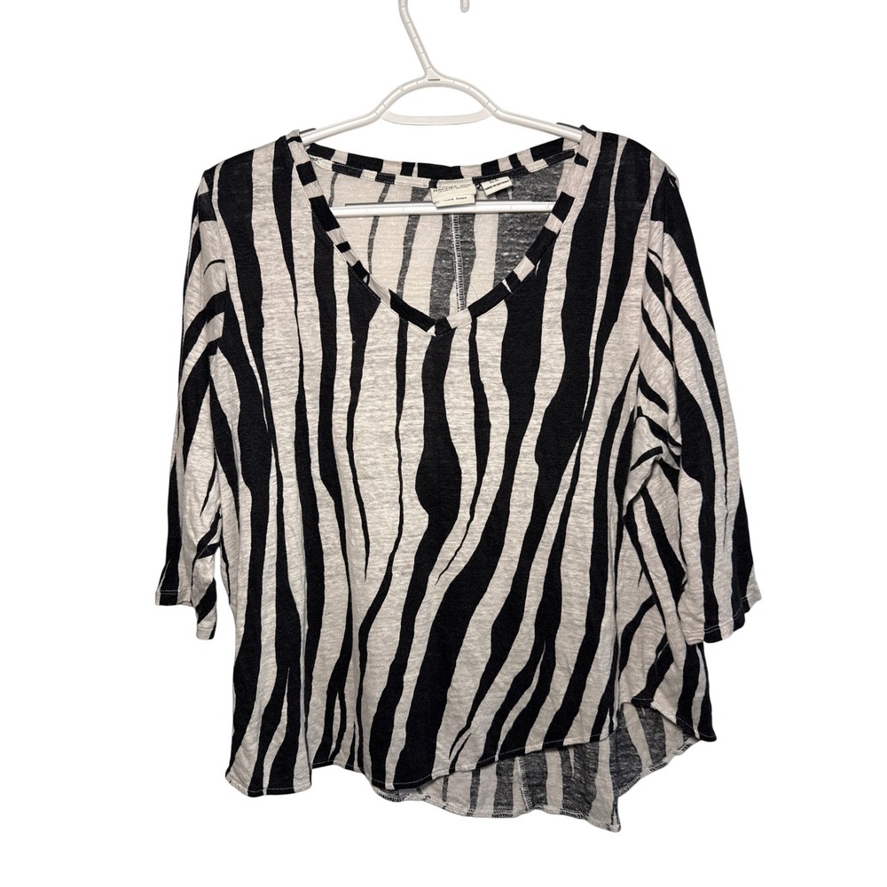 Rachel Zoe 100% Linen Zebra Print V-Neck 3/4 Sleeve Top Plus Size 1X
